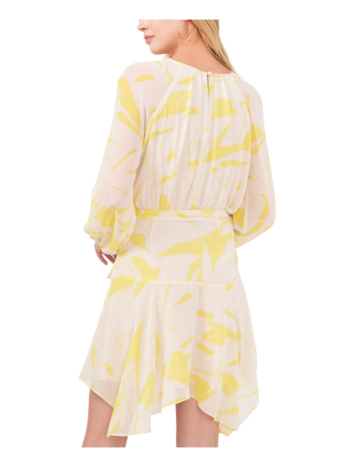 VINCE CAMUTO Womens Yellow Pleated Belted Handkerchief Hem Lined Printed Pouf Sleeve Round Neck Above The Knee Party Fit + Flare Dress S