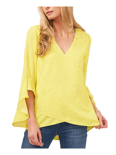 VINCE CAMUTO Womens Yellow Ruffled Gathered Crossover Front Asymmetrical Printed Flutter Sleeve V Neck Top XS