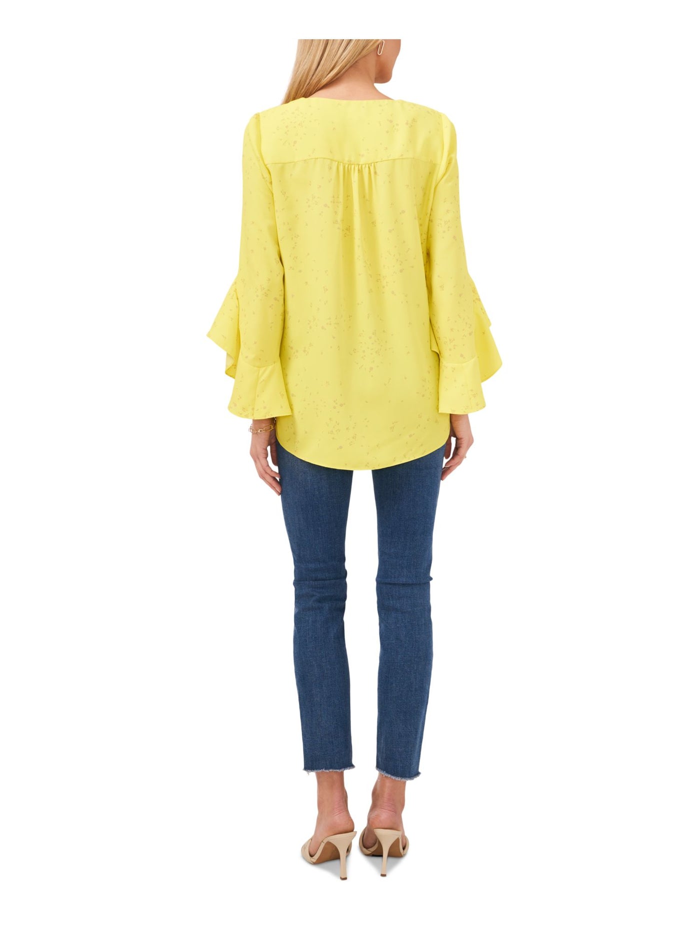 VINCE CAMUTO Womens Yellow Ruffled Gathered Crossover Front Asymmetrical Printed Flutter Sleeve V Neck Top XS