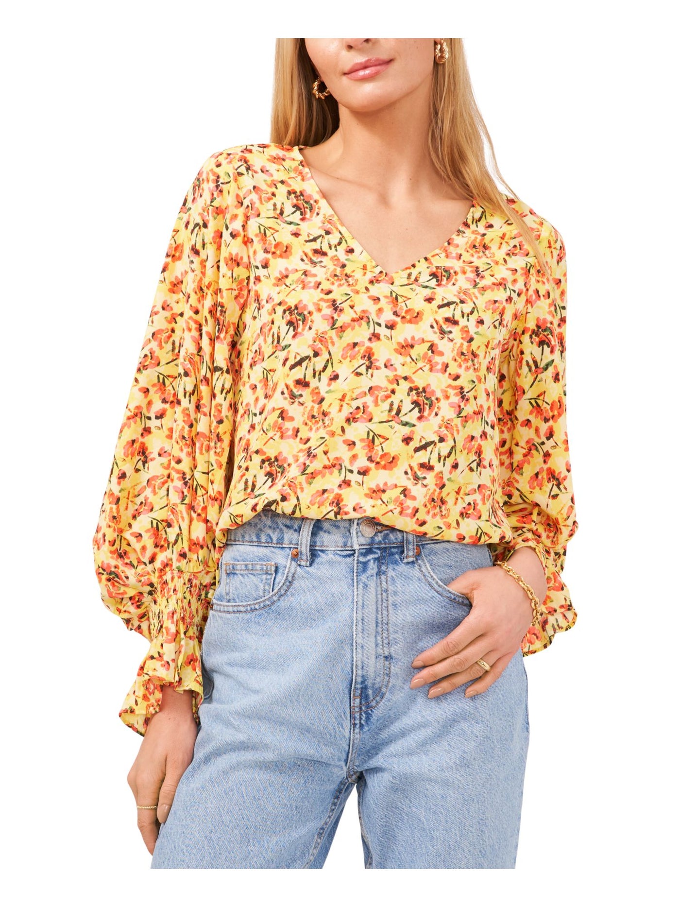 VINCE CAMUTO Womens Yellow Smocked Floral Long Sleeve V Neck Blouse XXS