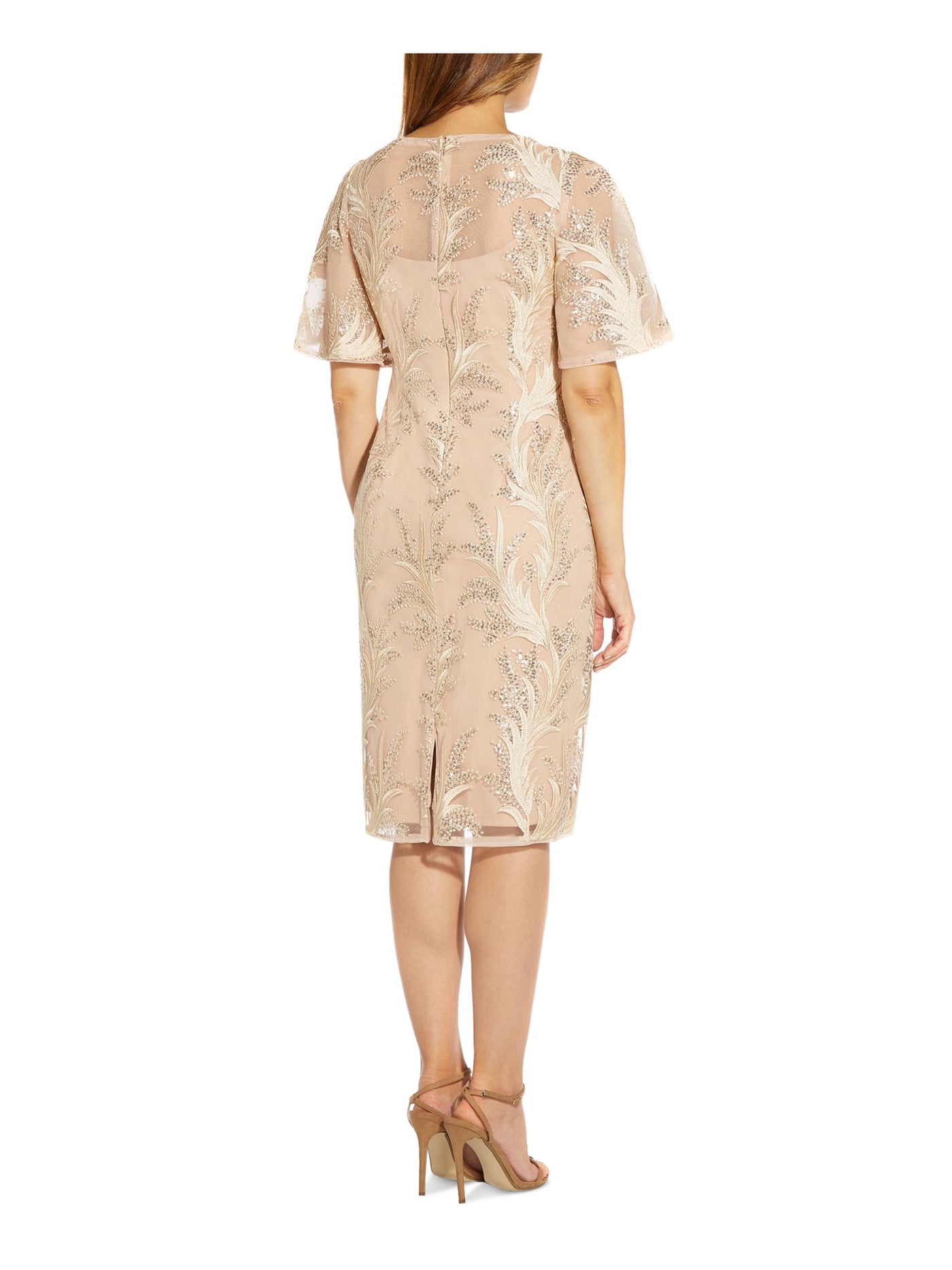 ADRIANNA PAPELL Womens Beige Sequined Embroidered Lined Zippered Flutter Sleeve Round Neck Knee Length Cocktail Sheath Dress 4