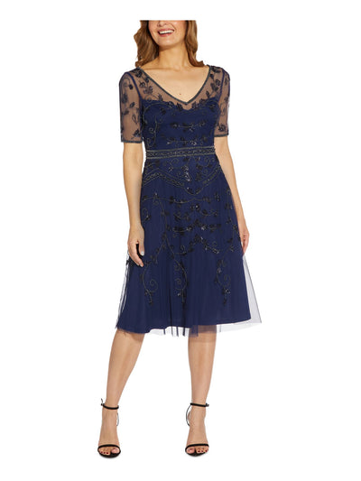 PAPELL STUDIO Womens Navy Zippered Embellished Sheer Lined Darted Short Sleeve V Neck Below The Knee Evening Fit + Flare Dress 2