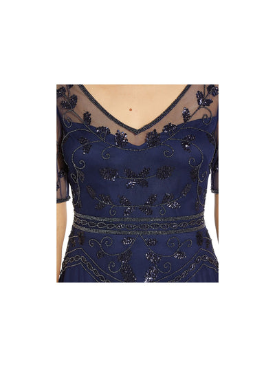 PAPELL STUDIO Womens Navy Zippered Embellished Sheer Lined Darted Short Sleeve V Neck Below The Knee Evening Fit + Flare Dress 2
