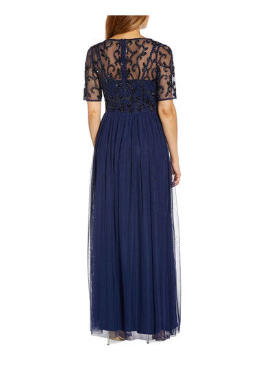 PAPELL STUDIO Womens Navy Embellished Zippered Sheer Lined Short Sleeve Illusion Neckline Full-Length Formal Gown Dress 4