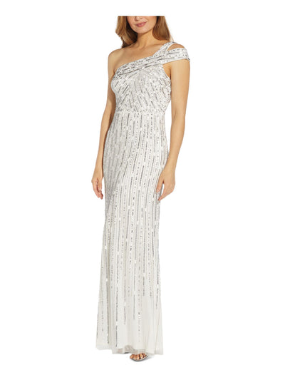 ADRIANNA PAPELL Womens White Embellished Zippered Lined Cap Sleeve Asymmetrical Neckline Full-Length Evening Gown Dress 10