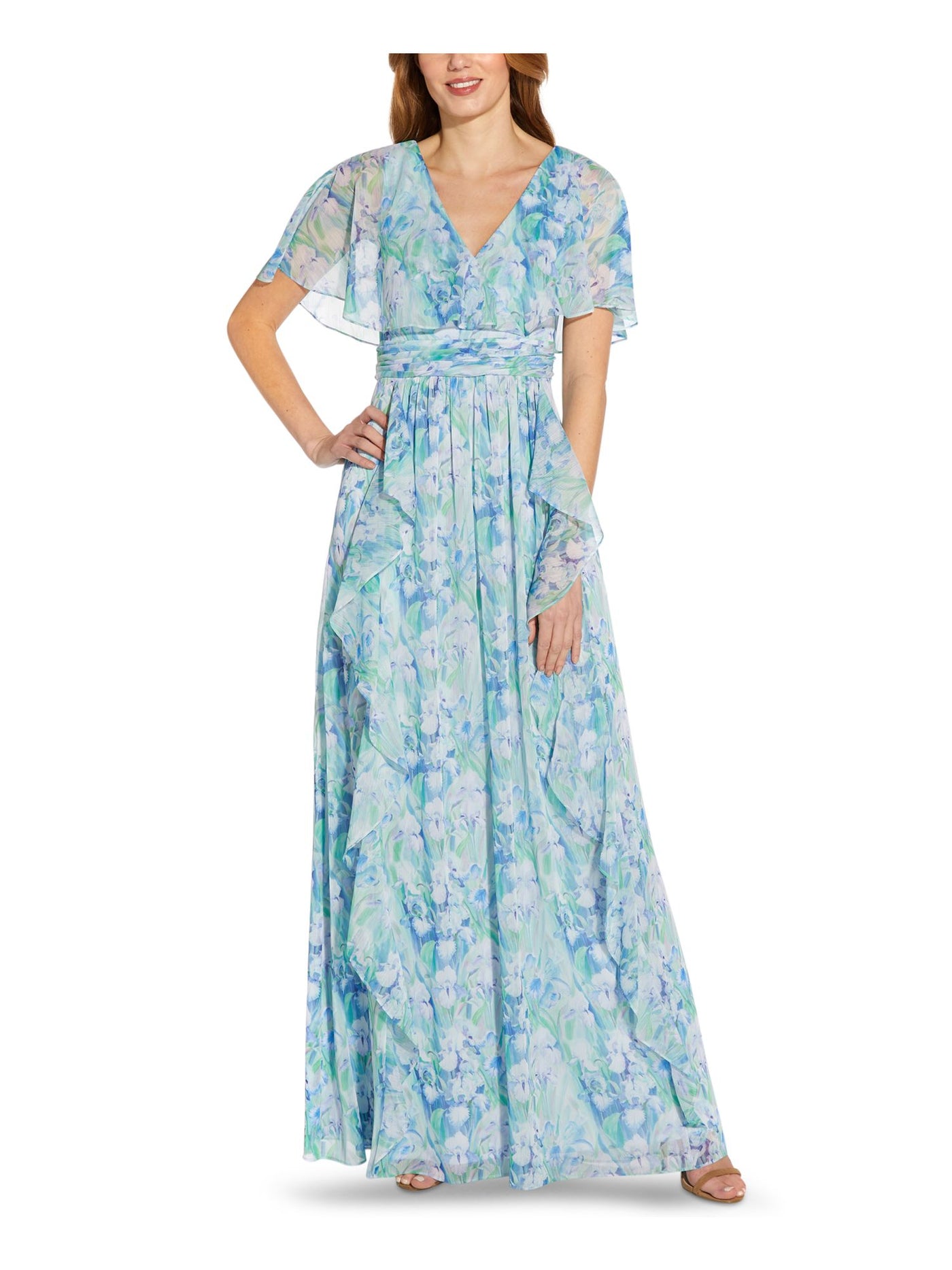 ADRIANNA PAPELL Womens Blue Zippered Pleated Lined Sheer Cape Overlay Ruffled Floral Short Sleeve V Neck Full-Length Gown Dress 2