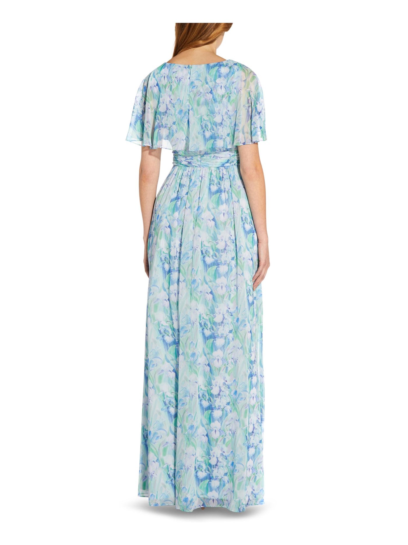ADRIANNA PAPELL Womens Blue Zippered Pleated Lined Sheer Cape Overlay Ruffled Floral Short Sleeve V Neck Full-Length Gown Dress 2