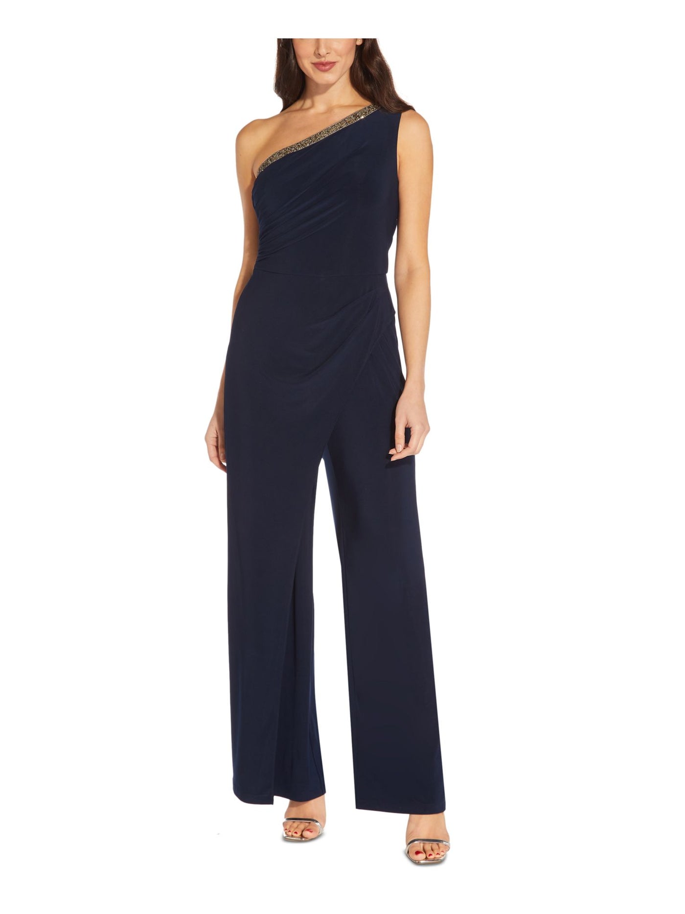 ADRIANNA PAPELL Womens Navy Embellished Ruched Side Zipper Overlay Sleeveless Asymmetrical Neckline Party Wide Leg Jumpsuit 10