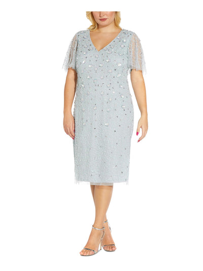 ADRIANNA PAPELL Womens Light Blue Embellished Zippered Lined Short Sleeve V Neck Above The Knee Evening Sheath Dress Plus 14W
