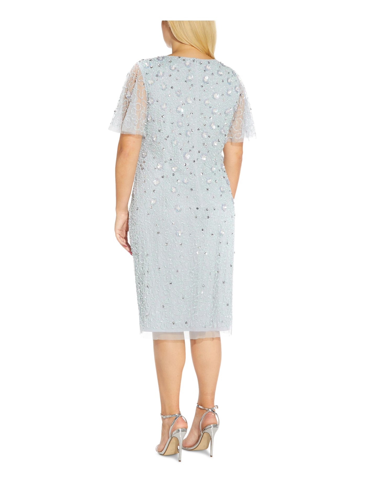 ADRIANNA PAPELL Womens Light Blue Embellished Zippered Lined Short Sleeve V Neck Above The Knee Evening Sheath Dress Plus 14W