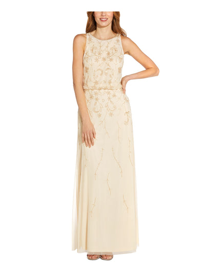 PAPELL STUDIO Womens Beige Embellished Zippered Back Slit Lined Sleeveless Illusion Neckline Full-Length Formal Gown Dress 4