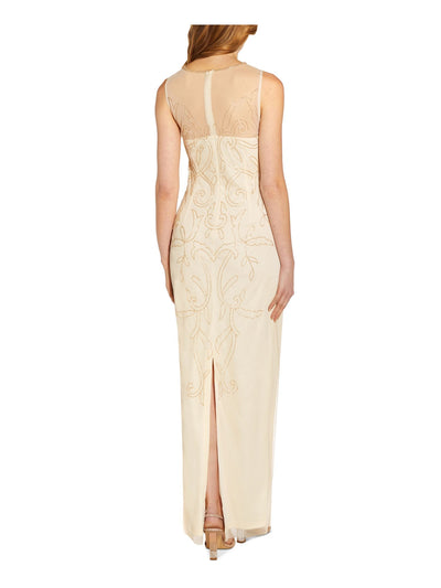PAPELL STUDIO Womens Beige Embellished Zippered Back Slit Lined Sleeveless Illusion Neckline Full-Length Formal Gown Dress 4