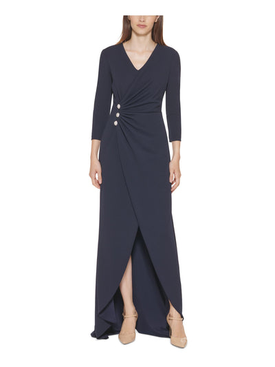 CALVIN KLEIN Womens Navy Zippered Pleated Button Detail Gown Lined 3/4 Sleeve V Neck Full-Length Formal Faux Wrap Dress 6