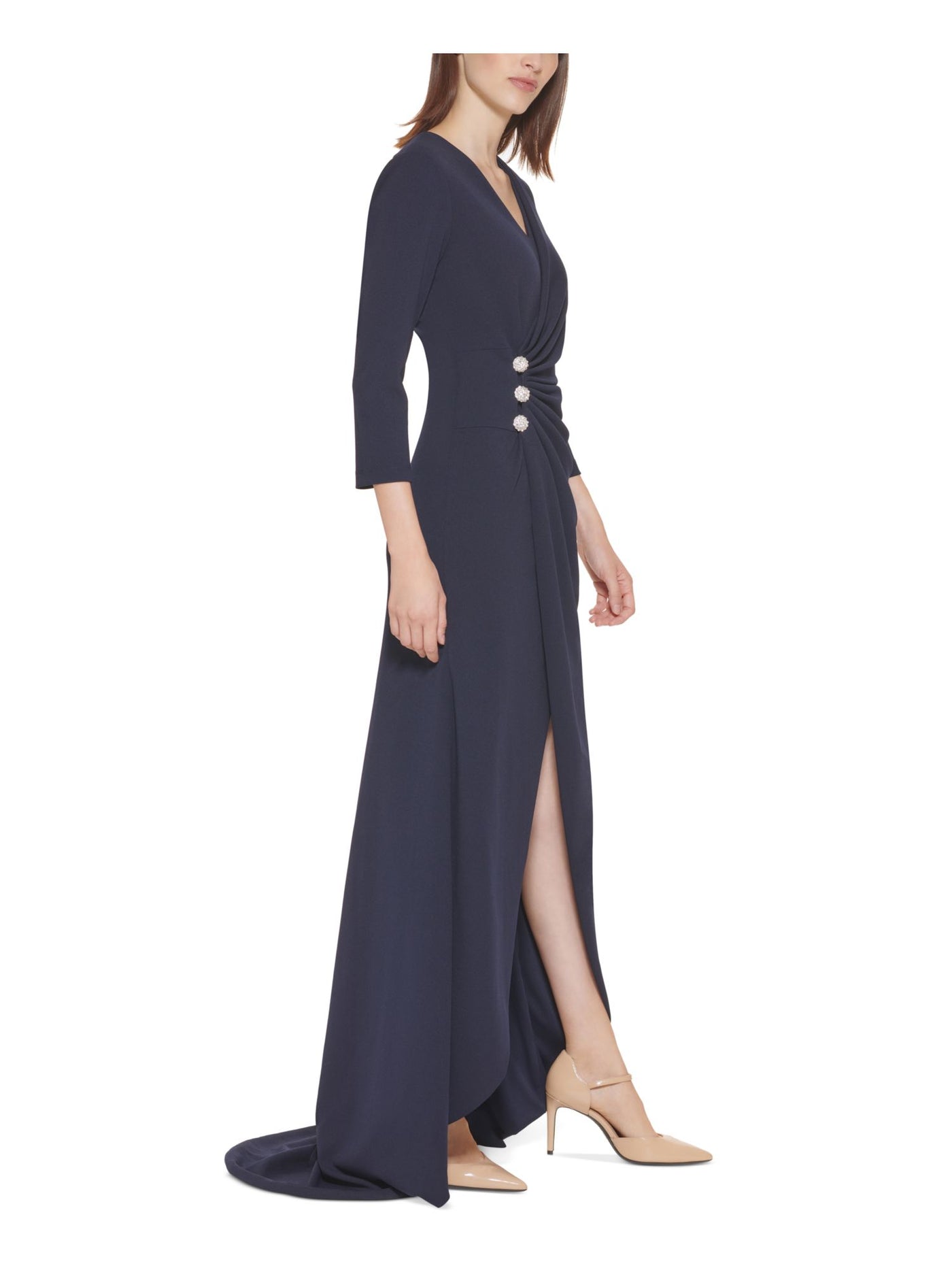 CALVIN KLEIN Womens Navy Zippered Pleated Button Detail Gown Lined 3/4 Sleeve V Neck Full-Length Formal Faux Wrap Dress 6