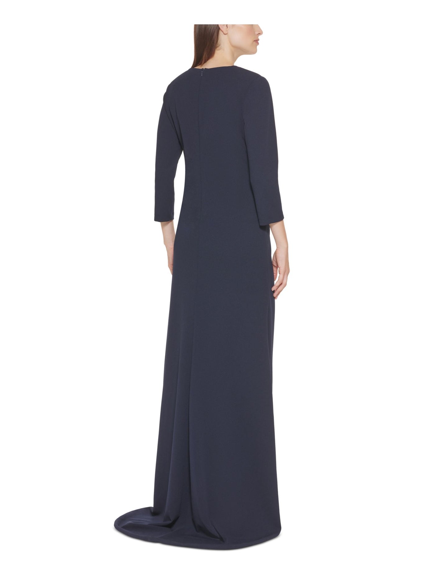 CALVIN KLEIN Womens Navy Zippered Pleated Button Detail Gown Lined 3/4 Sleeve V Neck Full-Length Formal Faux Wrap Dress 8
