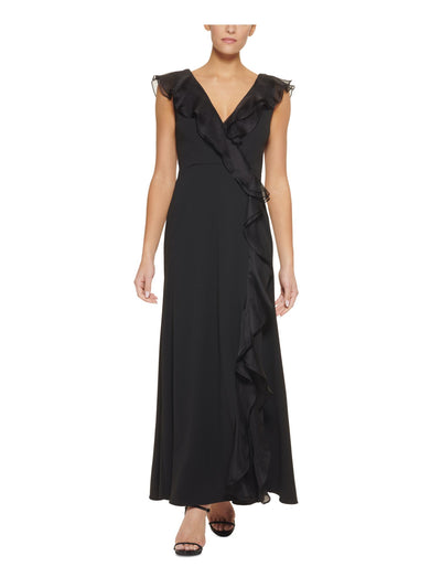 DKNY Womens Black Ruffled Zippered V Back Darted Slit Lined Bodice Flutter Sleeve V Neck Full-Length Evening Gown Dress 16