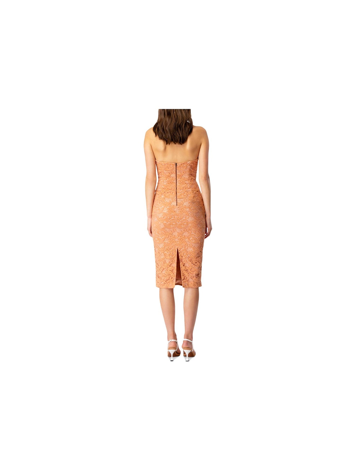 BARDOT Womens Orange Slitted Zippered Corset Boning Lined Lace Sleeveless Halter Below The Knee Evening Sheath Dress XS