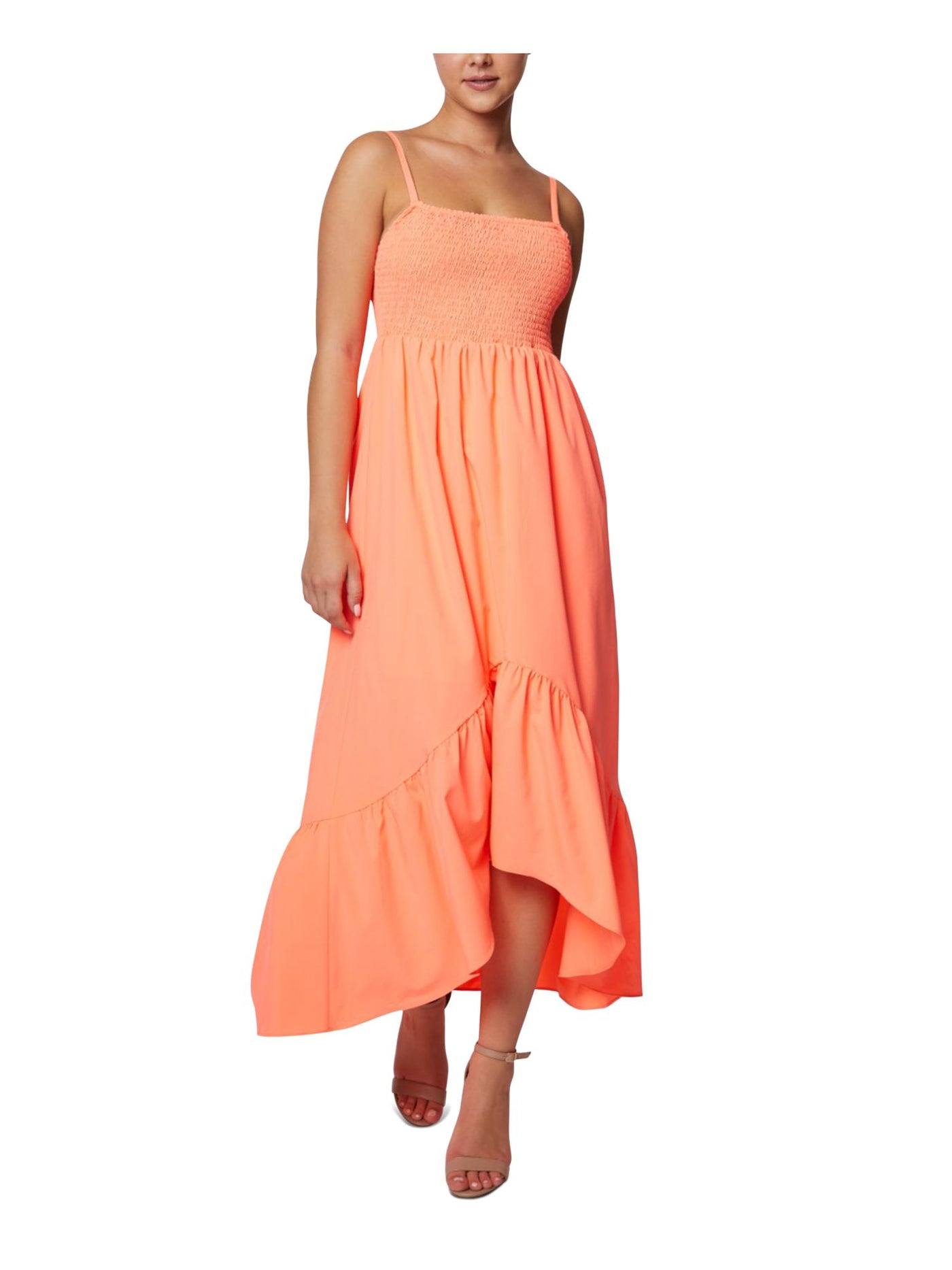 LAUNDRY Womens Orange Smocked Adjustable Partially Lined Spaghetti Strap Square Neck Maxi Hi-Lo Dress 6
