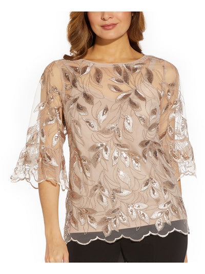 ADRIANNA PAPELL Womens Embellished Zippered Scalloped Lined Bell Sleeve Boat Neck Evening Top