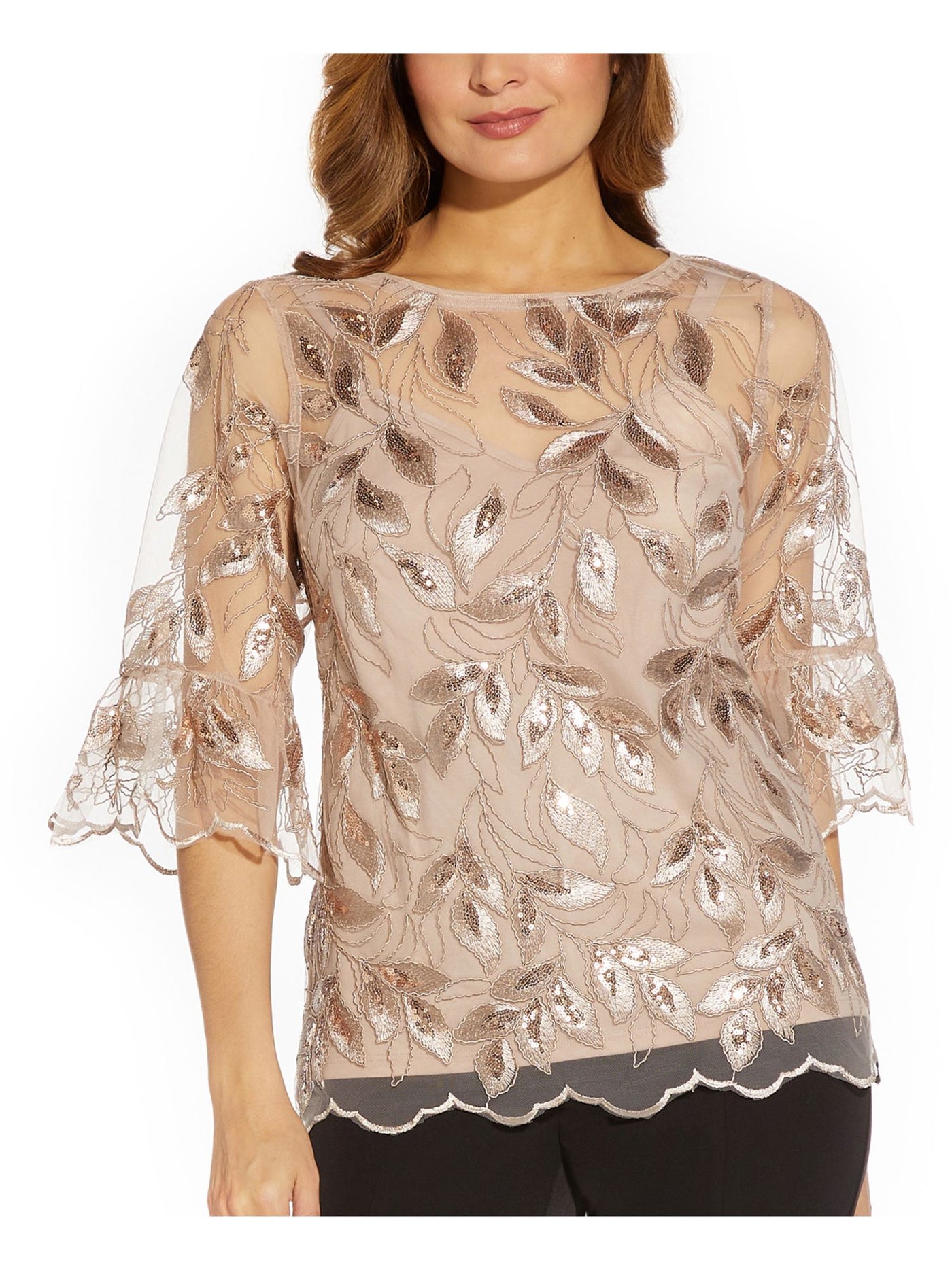 ADRIANNA PAPELL Womens Beige Embellished Zippered Scalloped Lined Bell Sleeve Boat Neck Evening Top 8