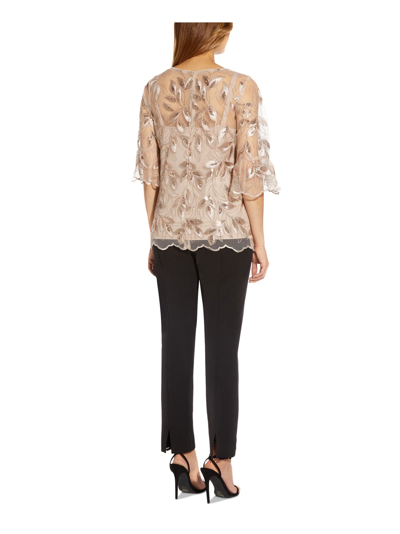 ADRIANNA PAPELL Womens Beige Embellished Zippered Scalloped Lined Bell Sleeve Boat Neck Evening Top 2