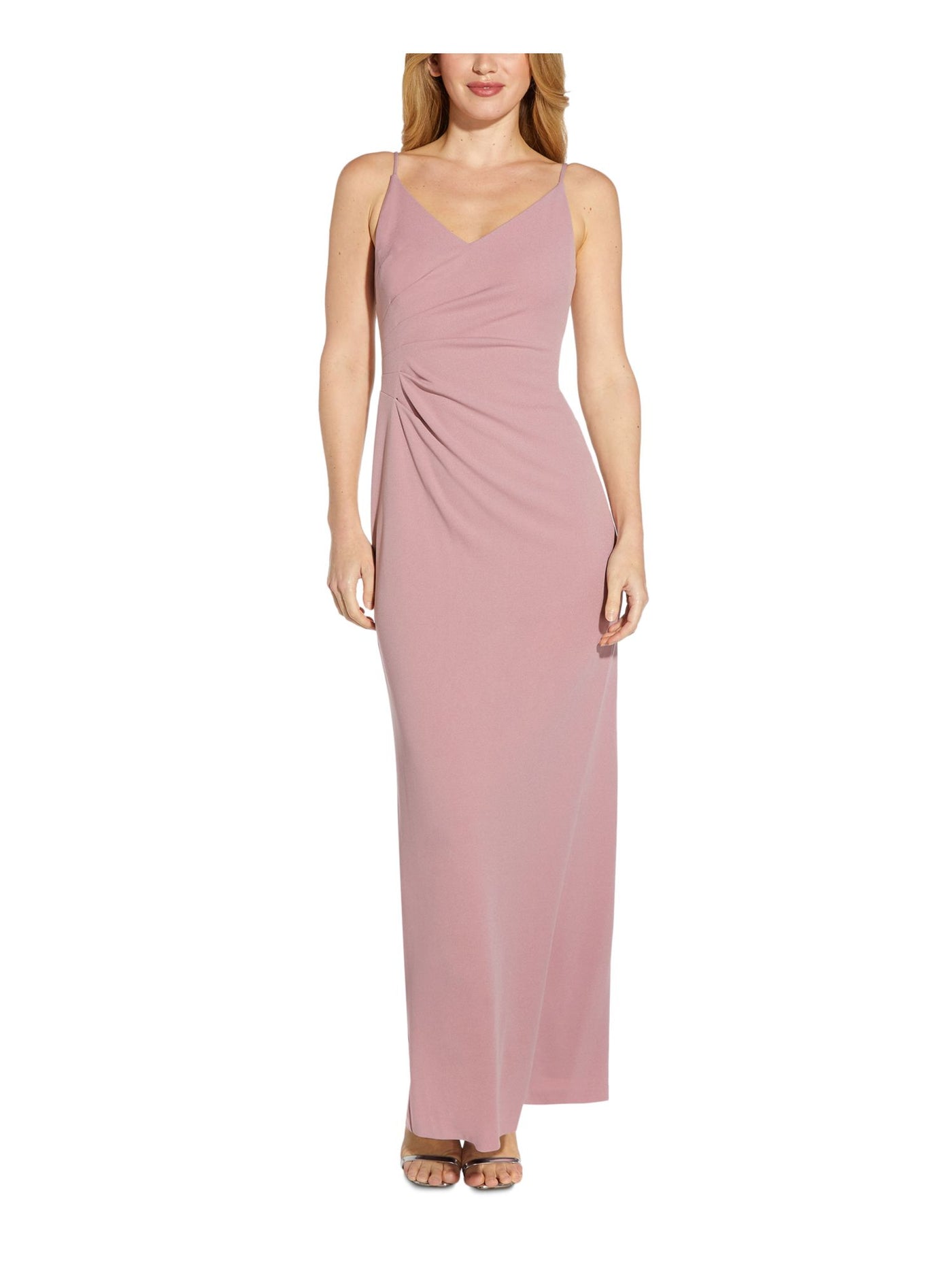 ADRIANNA PAPELL Womens Pink Stretch Ruched Zippered Column Silhouette Back Slit Spaghetti Strap V Neck Full-Length Evening Dress 8