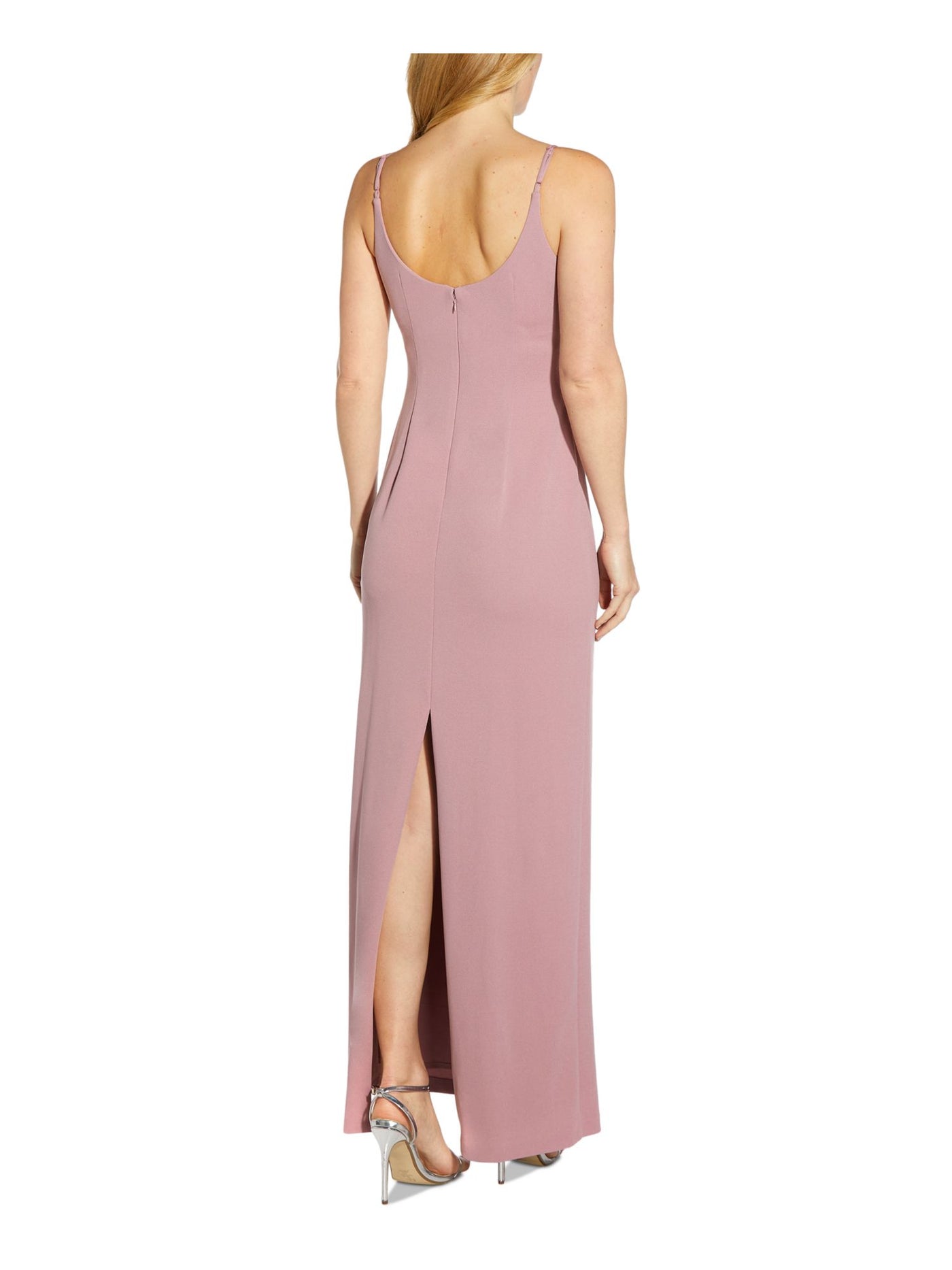 ADRIANNA PAPELL Womens Pink Stretch Ruched Zippered Column Silhouette Back Slit Spaghetti Strap V Neck Full-Length Evening Dress 8