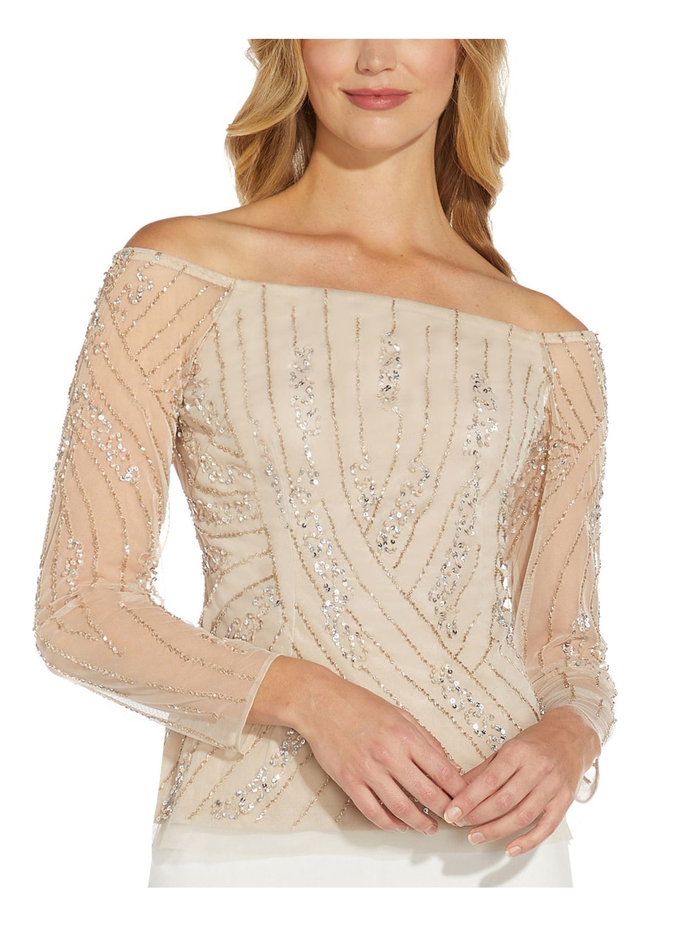 ADRIANNA PAPELL Womens Beaded Sequined Lined Long Sleeve Off Shoulder Party Top