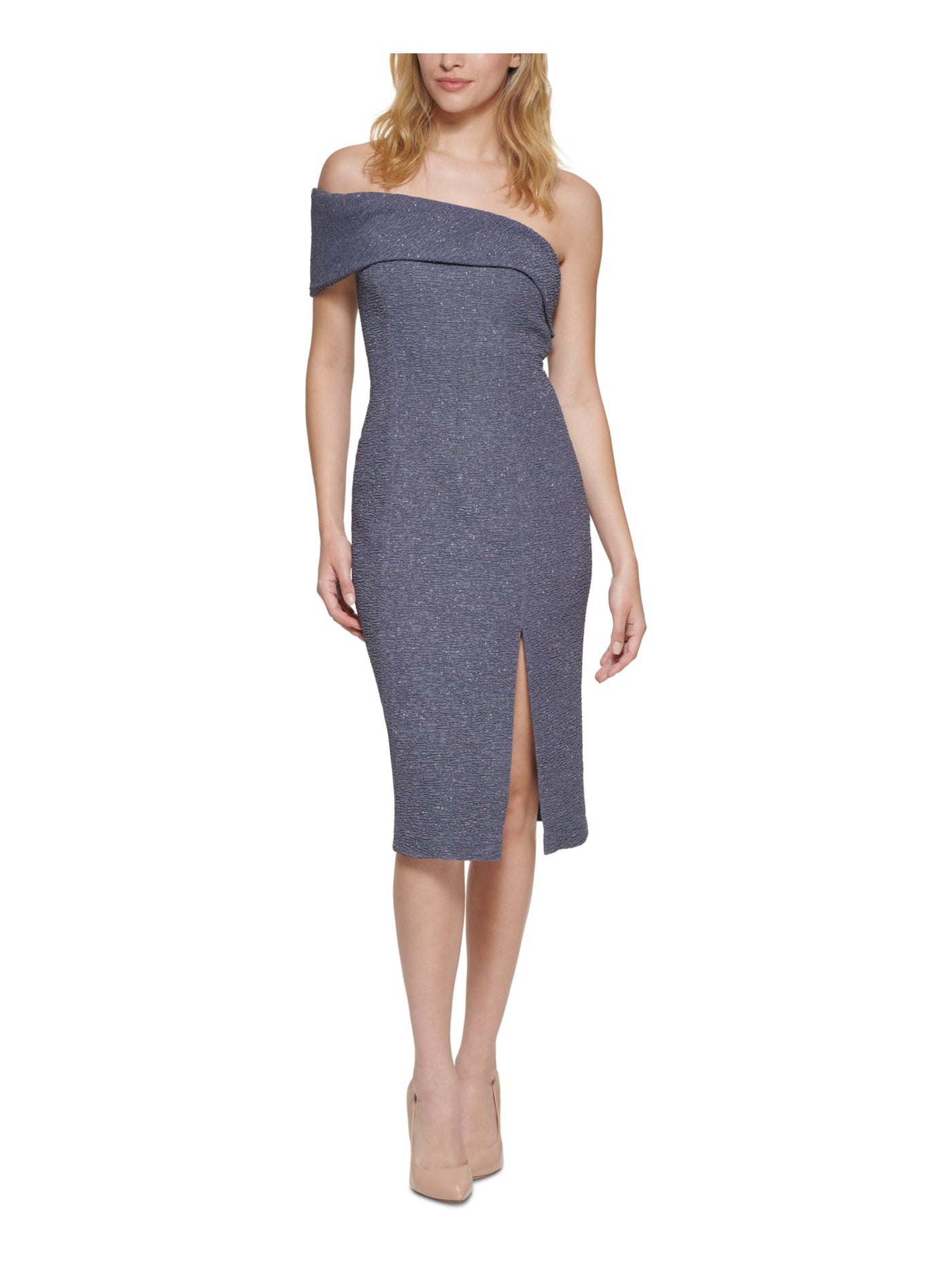 ELIZA J Womens Gray Zippered Slitted Textured Lined Cap Sleeve Off Shoulder Below The Knee Cocktail Body Con Dress 12