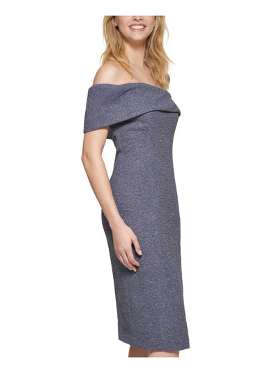 ELIZA J Womens Gray Zippered Slitted Textured Lined Cap Sleeve Off Shoulder Below The Knee Cocktail Body Con Dress 12