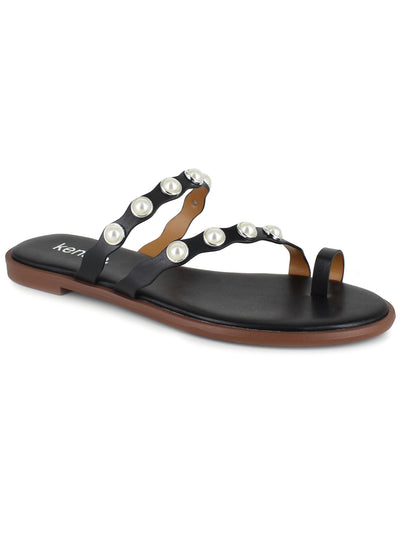 KENSIE Womens Black Toe Strap Asymmetrical Scalloped Padded Maltese Open Toe Slip On Sandals Shoes 7 M