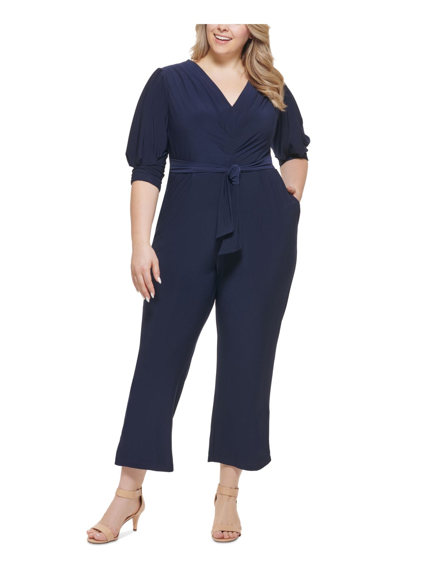 VINCE CAMUTO Womens Navy Pocketed Zippered Tie Front Ruched 3/4 Sleeve V Neck Straight leg Jumpsuit Plus 16W