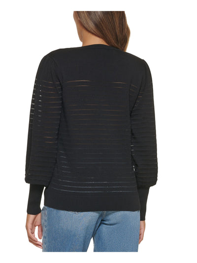 CALVIN KLEIN Womens Black Ribbed Sheer Pullover Striped Detail Blouson Sleeve Crew Neck Sweater XS