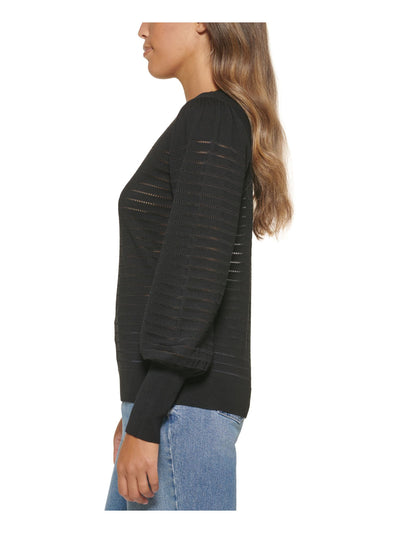 CALVIN KLEIN Womens Black Ribbed Sheer Pullover Striped Detail Blouson Sleeve Crew Neck Sweater XS
