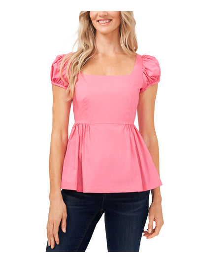 CECE Womens Pink Gathered Zippered Unlined Peplum Pouf Sleeve Square Neck Wear To Work Blouse M