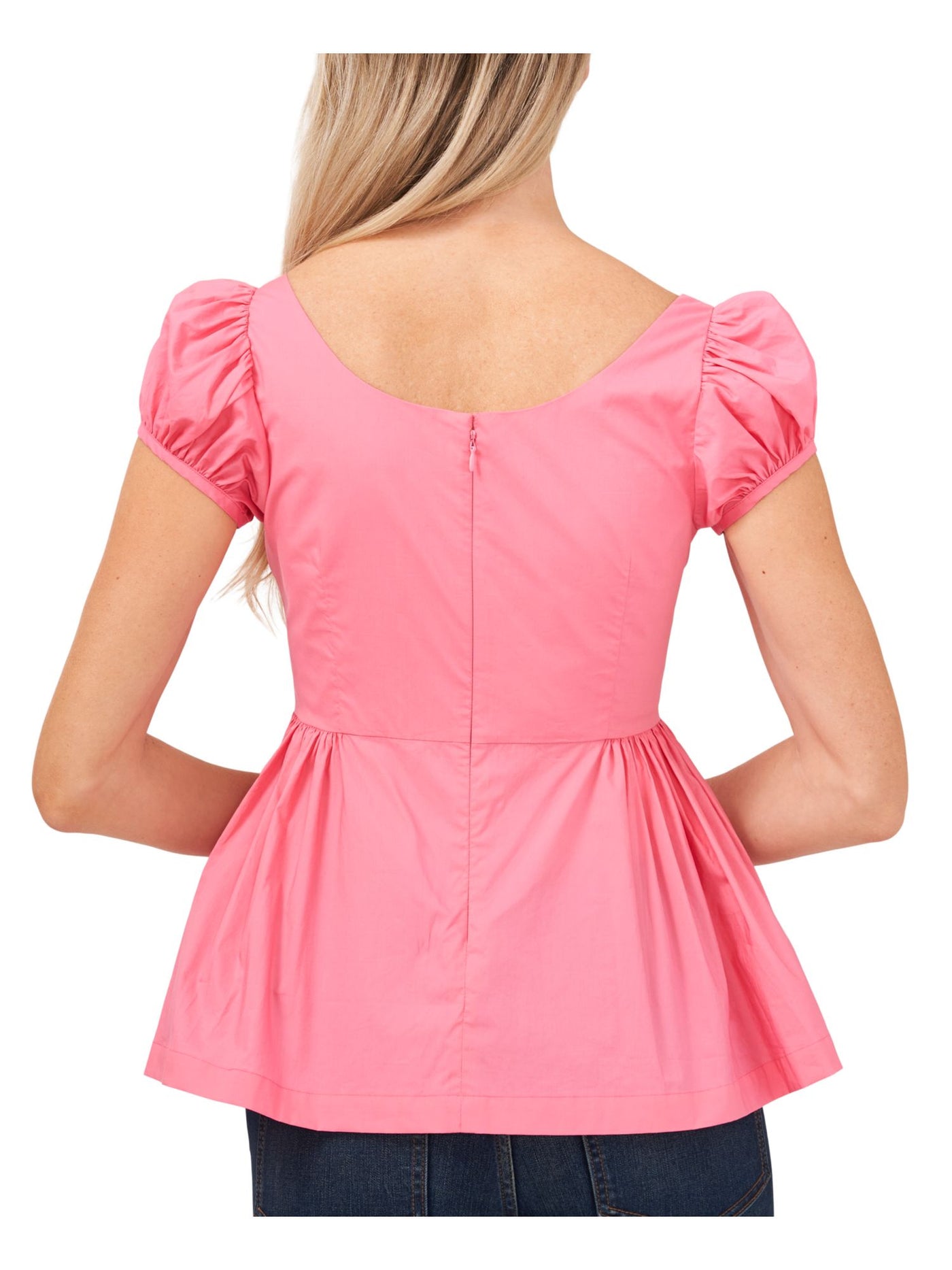 CECE Womens Pink Gathered Zippered Unlined Peplum Pouf Sleeve Square Neck Wear To Work Blouse M