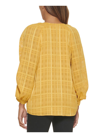 CALVIN KLEIN Womens Gold Gathered Lined Plaid Long Sleeve V Neck Top M