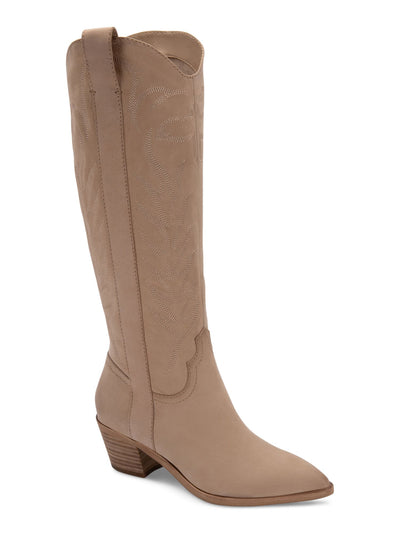 DOLCE VITA Womens Beige Pattern Stitched Shaft Padded Solei Almond Toe Stacked Heel Zip-Up Leather Western Boot 6 M