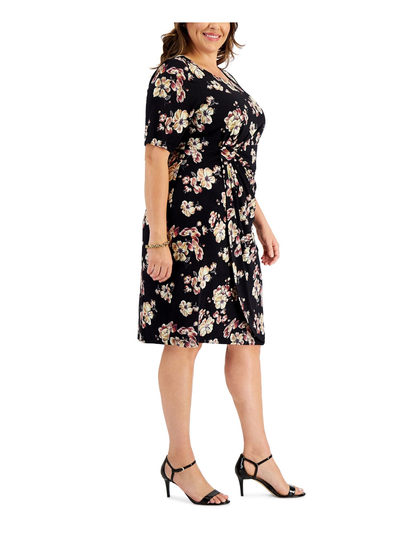 CONNECTED APPAREL Womens Black Textured Gathered Pullover Floral 3/4 Sleeve Round Neck Knee Length Sheath Dress Plus 22W