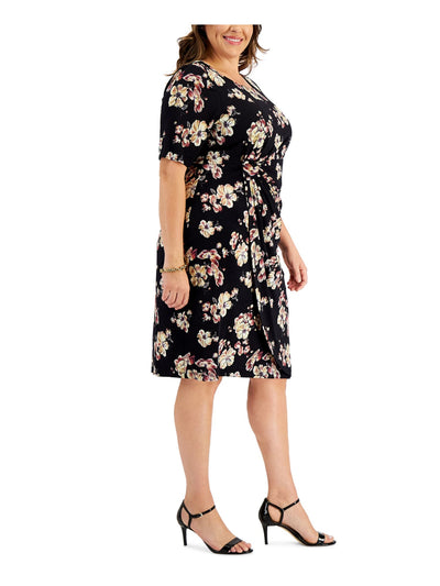CONNECTED APPAREL Womens Black Textured Gathered Pullover Floral 3/4 Sleeve Round Neck Knee Length Sheath Dress Plus 22W