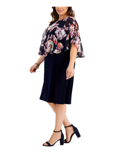 CONNECTED APPAREL Womens Navy Flutter Sleeve Round Neck Knee Length Wear To Work Sheath Dress Plus 22W