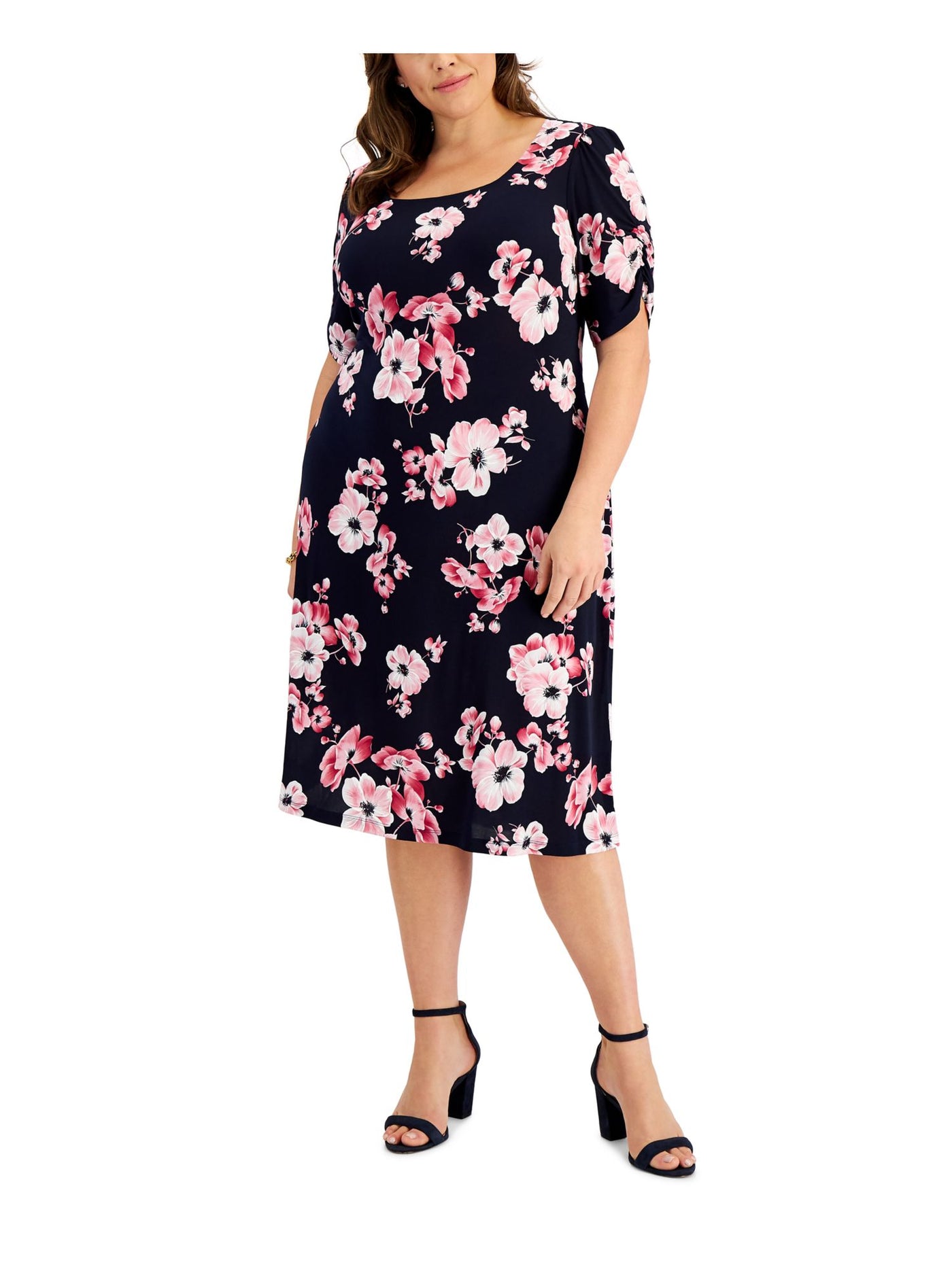 CONNECTED APPAREL Womens Navy Ruched Floral Square Neck Midi Wear To Work Shift Dress 24W