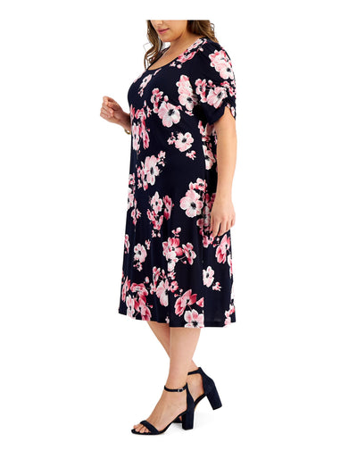 CONNECTED APPAREL Womens Navy Ruched Floral Square Neck Midi Wear To Work Shift Dress 24W