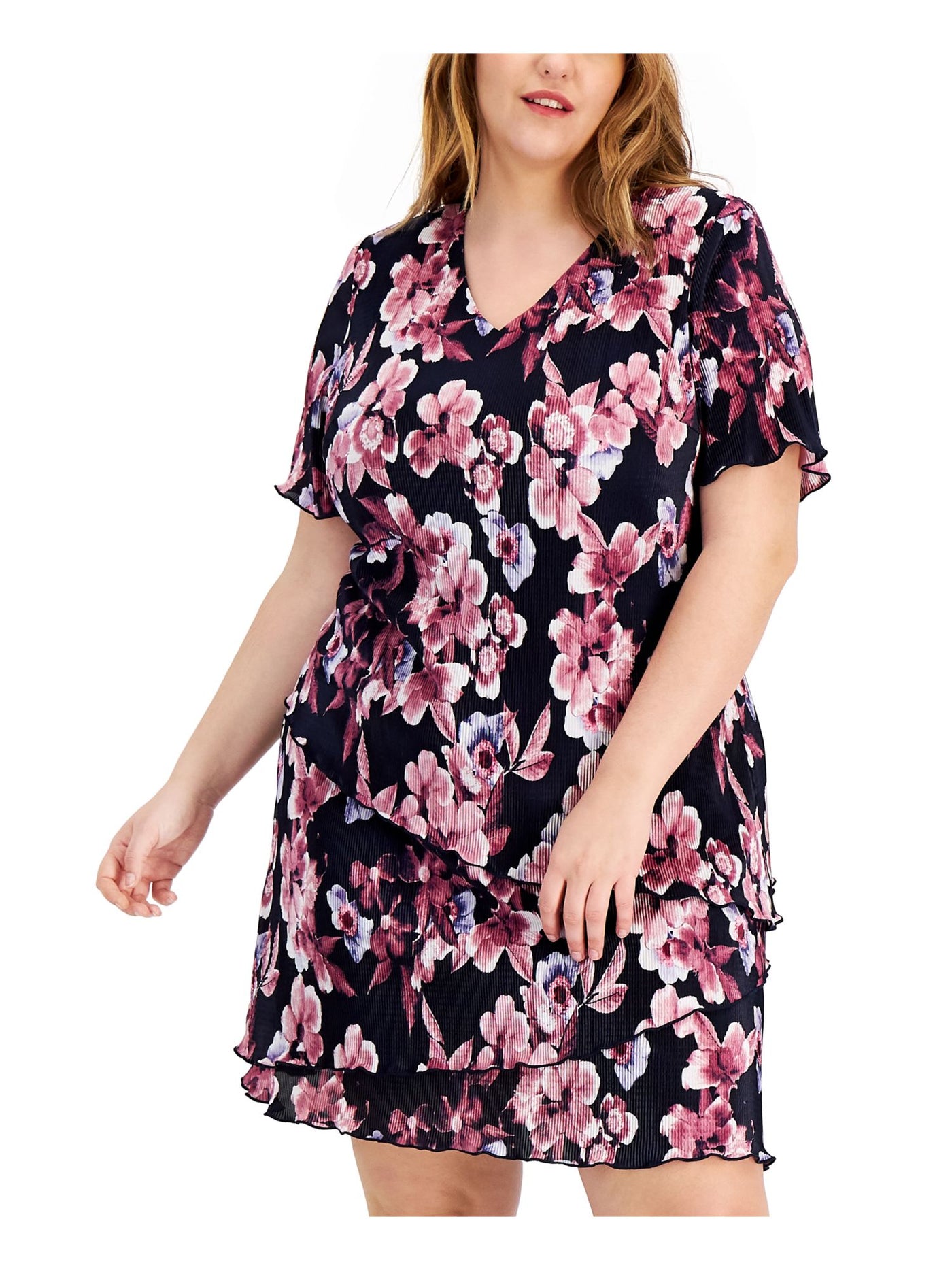 CONNECTED APPAREL Womens Navy Ribbed Ruffled Tiered Pullover Floral Short Sleeve V Neck Above The Knee Sheath Dress Plus 24W