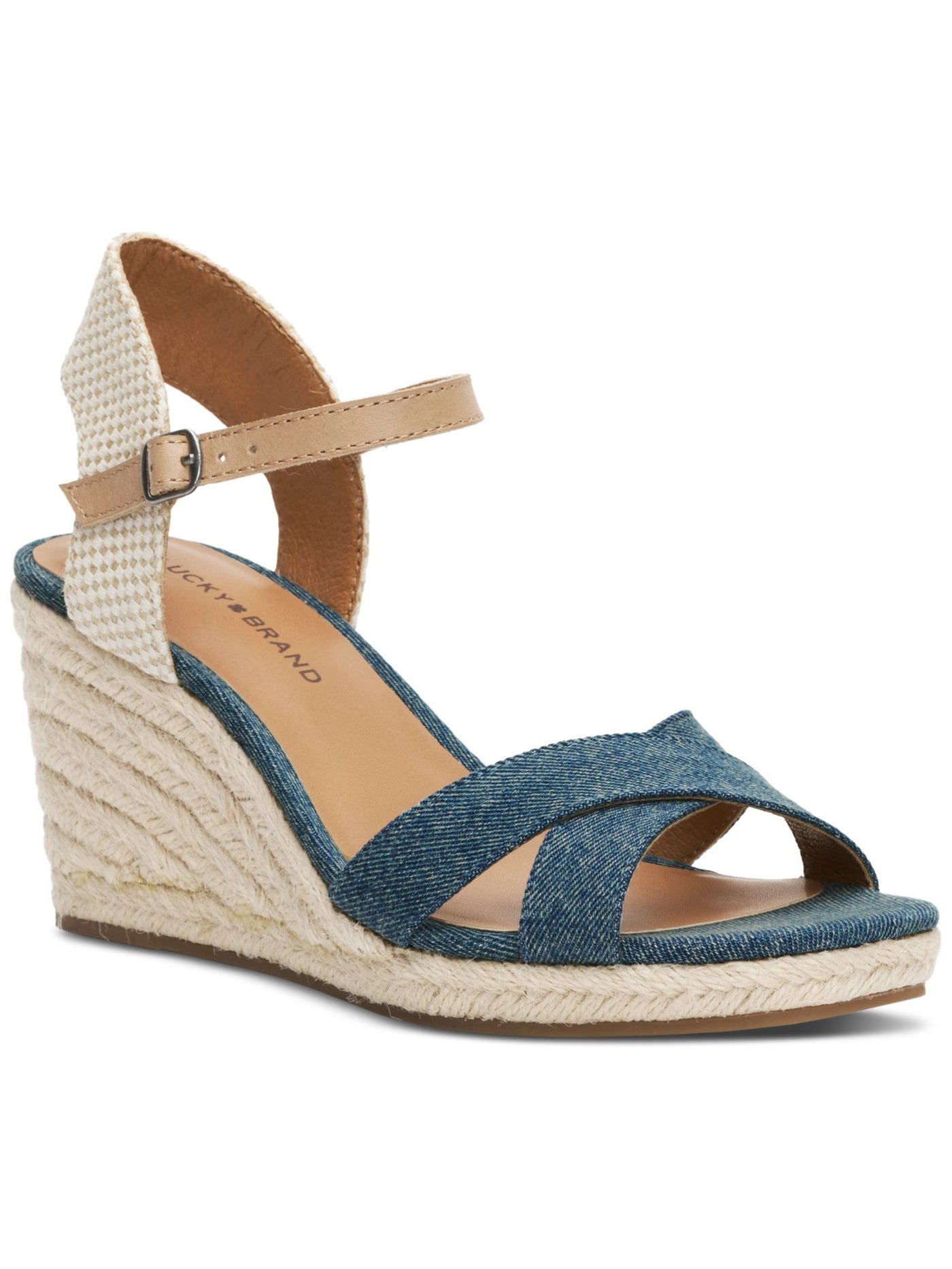 LUCKY BRAND Womens Blue Mixed Media Crisscross Straps Slingback Ankle Strap Padded Maeylee Open Toe Wedge Buckle Espadrille Shoes 11 M