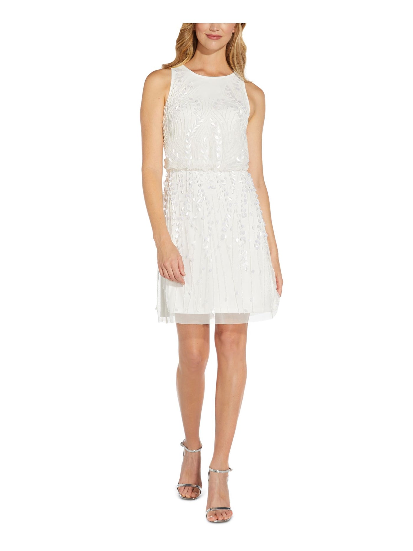 ADRIANNA PAPELL Womens Ivory Embellished Zippered Lined Sleeveless Round Neck Above The Knee Party Blouson Dress 4