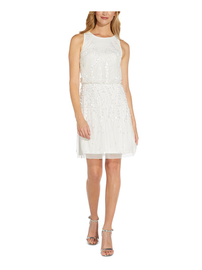 ADRIANNA PAPELL Womens White Embellished Zippered Lined Sleeveless Round Neck Above The Knee Party Blouson Dress 10