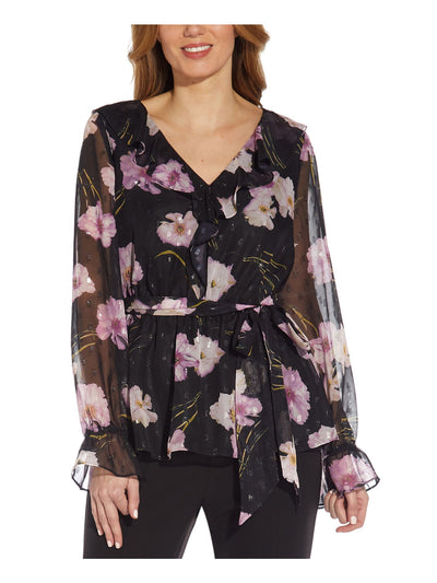 ADRIANNA PAPELL Womens Black Sheer Ruffled Floral Balloon Sleeve V Neck Wear To Work Top 12