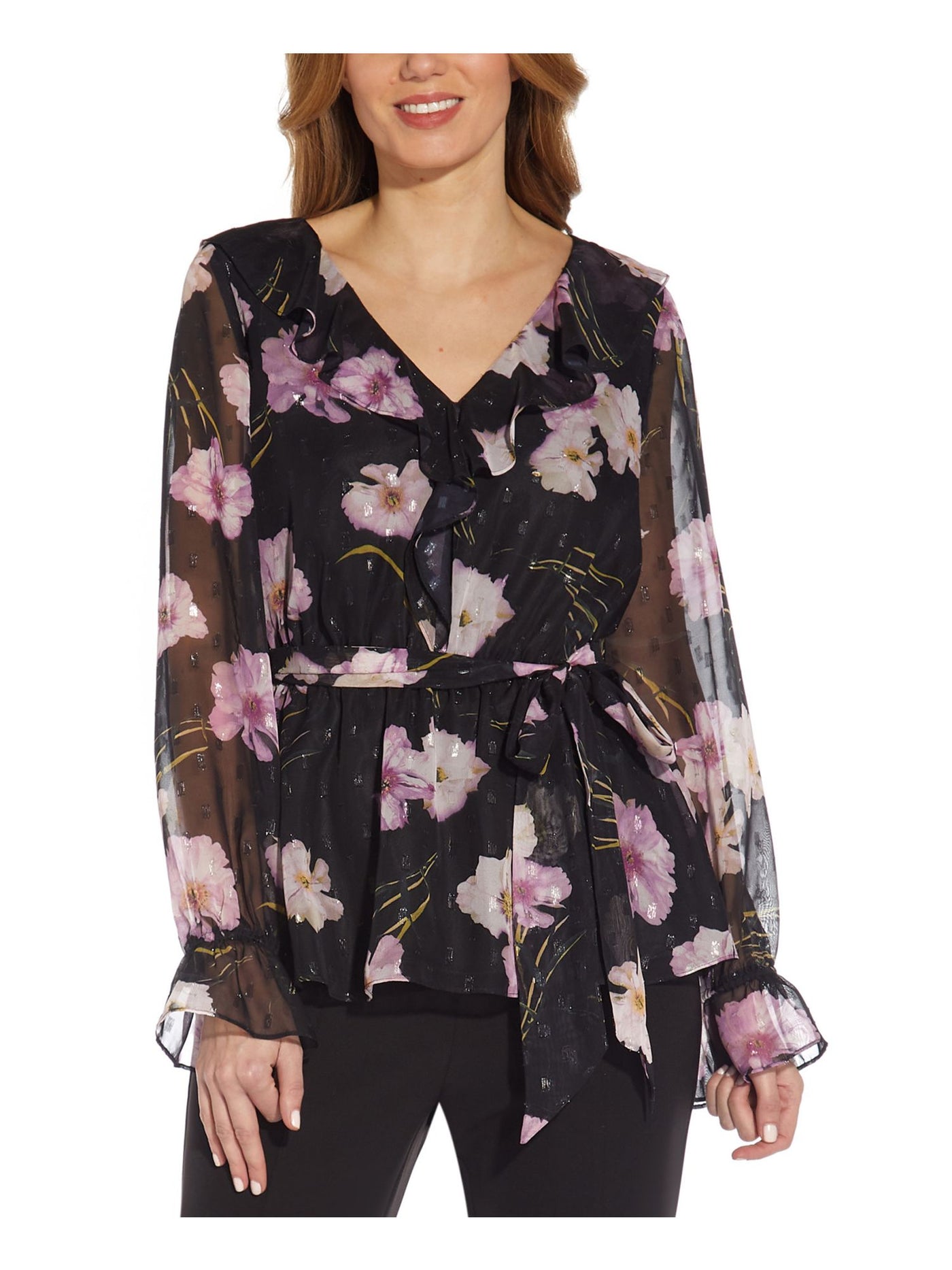 ADRIANNA PAPELL Womens Black Sheer Ruffled Floral Balloon Sleeve V Neck Wear To Work Top 4