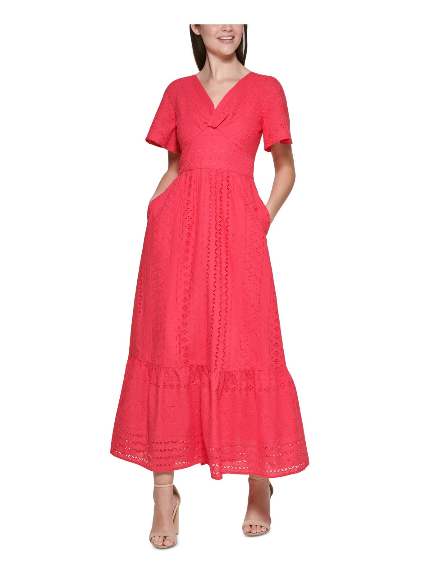 KENSIE DRESSES Womens Pink Eyelet Zippered Keyhole Back Tiered Skirt Lined Short Sleeve V Neck Maxi Wear To Work Fit + Flare Dress 2